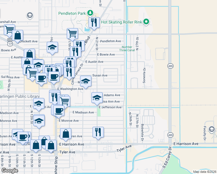 map of restaurants, bars, coffee shops, grocery stores, and more near 2207 South Whitehouse Circle in Harlingen