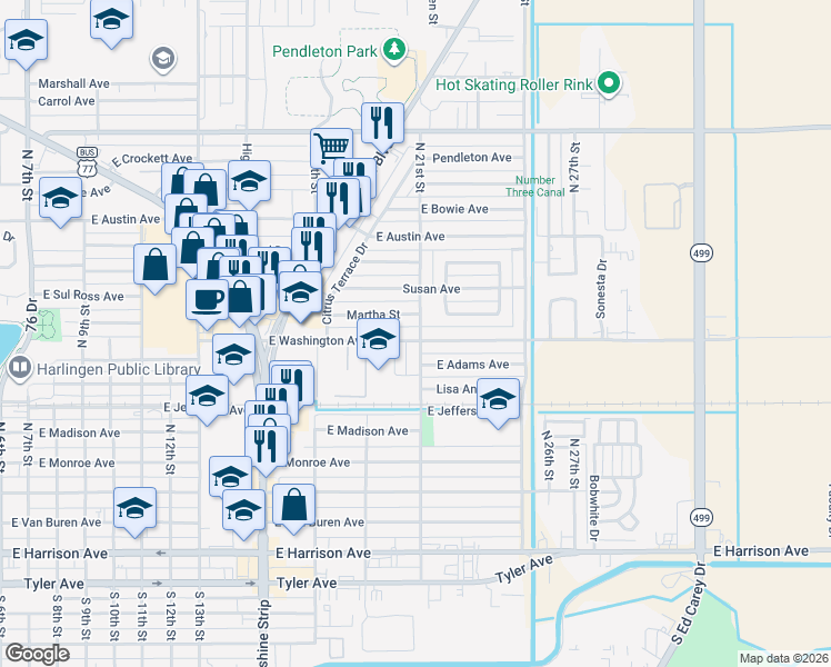 map of restaurants, bars, coffee shops, grocery stores, and more near 2031 Martha St in Harlingen