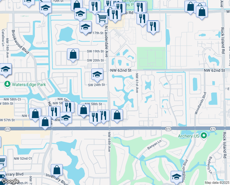 map of restaurants, bars, coffee shops, grocery stores, and more near 6020 Northwest 64th Avenue in Tamarac