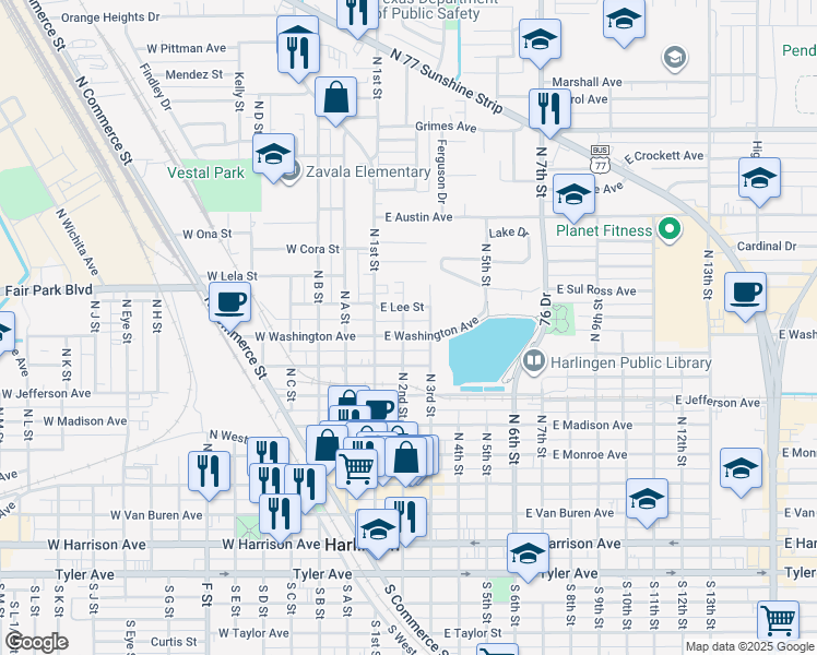 map of restaurants, bars, coffee shops, grocery stores, and more near 110-114 East Lee Street in Harlingen