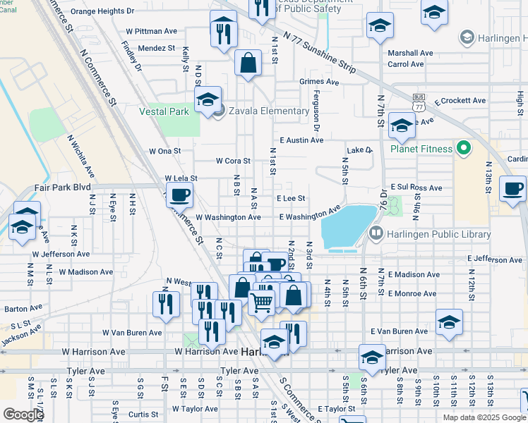 map of restaurants, bars, coffee shops, grocery stores, and more near 117 West Lee Street in Harlingen