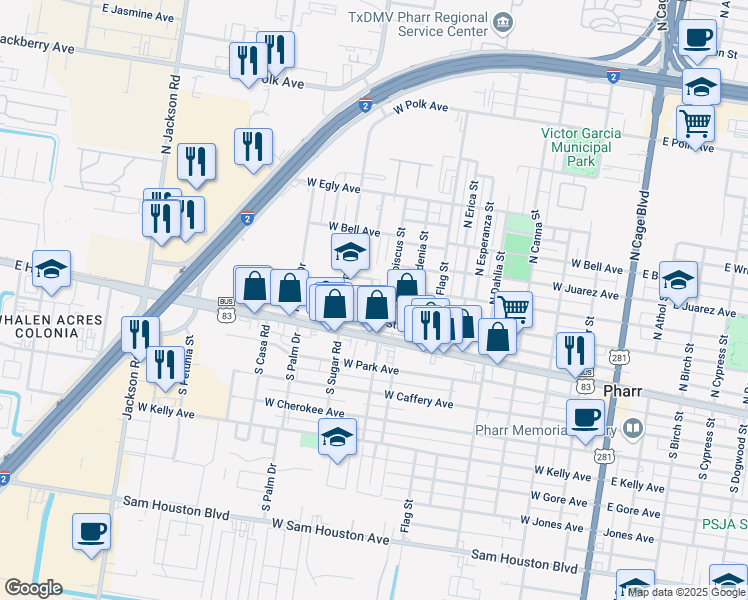 map of restaurants, bars, coffee shops, grocery stores, and more near 210 North Iris Street in Pharr