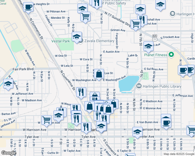 map of restaurants, bars, coffee shops, grocery stores, and more near 117 West Lee Street in Harlingen