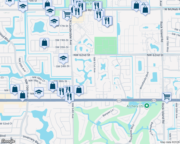 map of restaurants, bars, coffee shops, grocery stores, and more near 6051 Northwest 61st Avenue in Tamarac