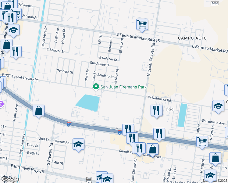 map of restaurants, bars, coffee shops, grocery stores, and more near 123 East Sgt Leonel Trevino Road in San Juan