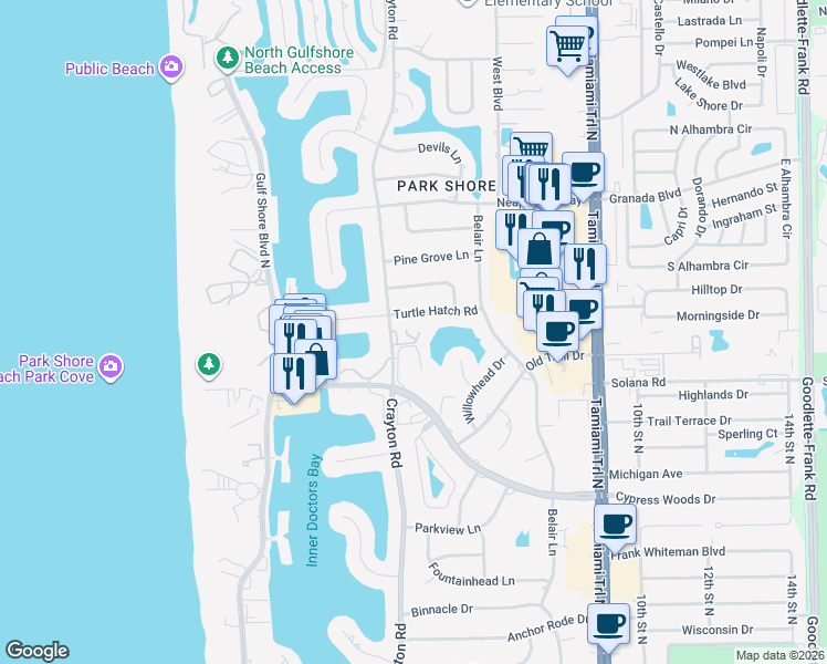 map of restaurants, bars, coffee shops, grocery stores, and more near 512 Turtle Hatch Road in Naples