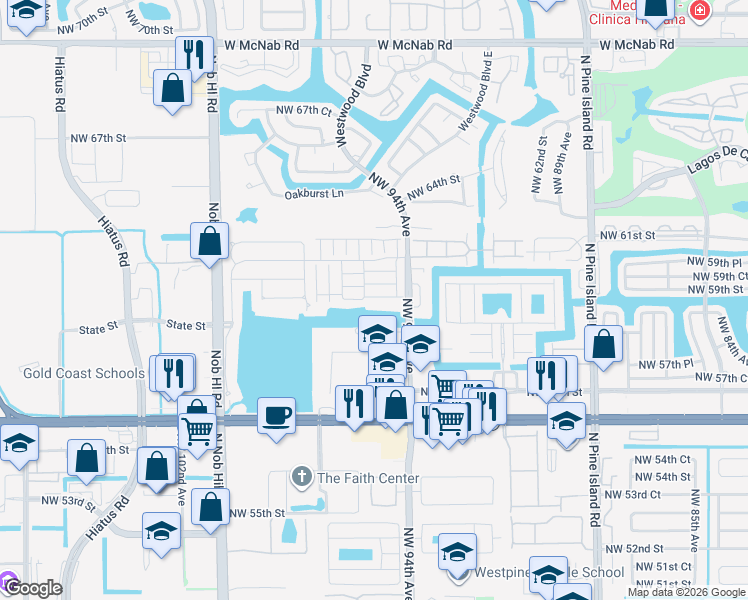 map of restaurants, bars, coffee shops, grocery stores, and more near 9530 East Plum Harbor Way in Tamarac