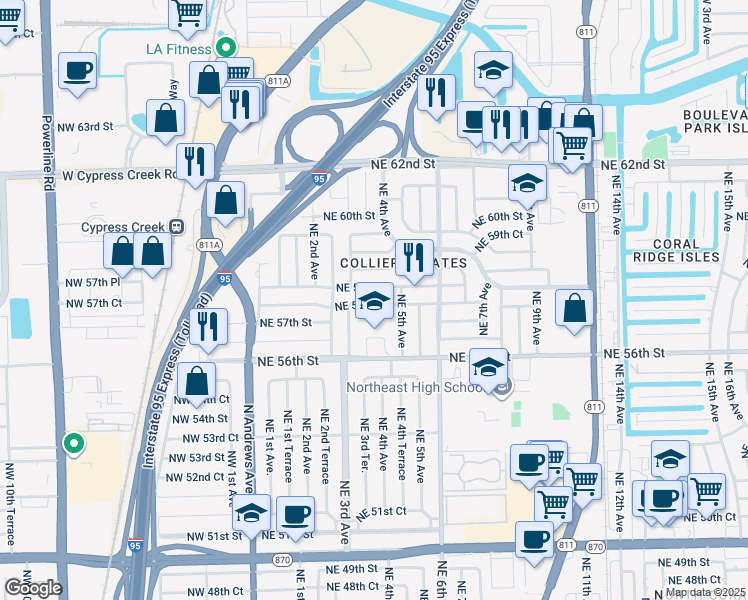 map of restaurants, bars, coffee shops, grocery stores, and more near 331 Northeast 58th Street in Fort Lauderdale