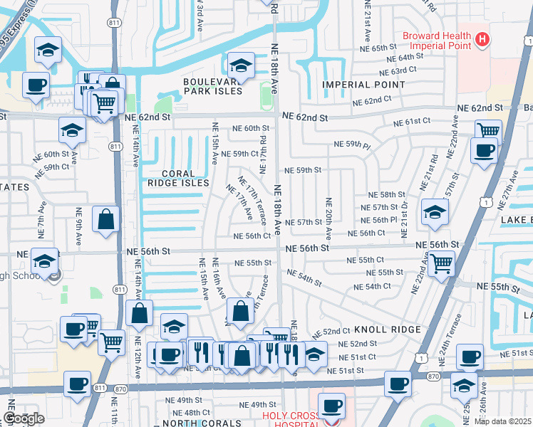 map of restaurants, bars, coffee shops, grocery stores, and more near 5724 Northeast 17th Terrace in Fort Lauderdale