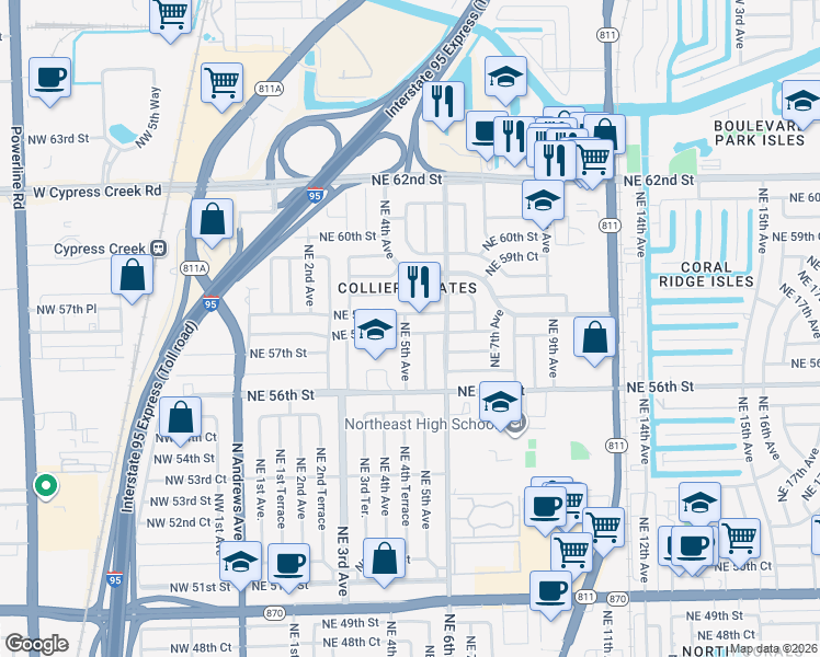 map of restaurants, bars, coffee shops, grocery stores, and more near 451 Northeast 58th Street in Fort Lauderdale