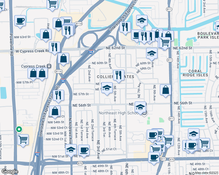 map of restaurants, bars, coffee shops, grocery stores, and more near 331 Northeast 58th Street in Fort Lauderdale