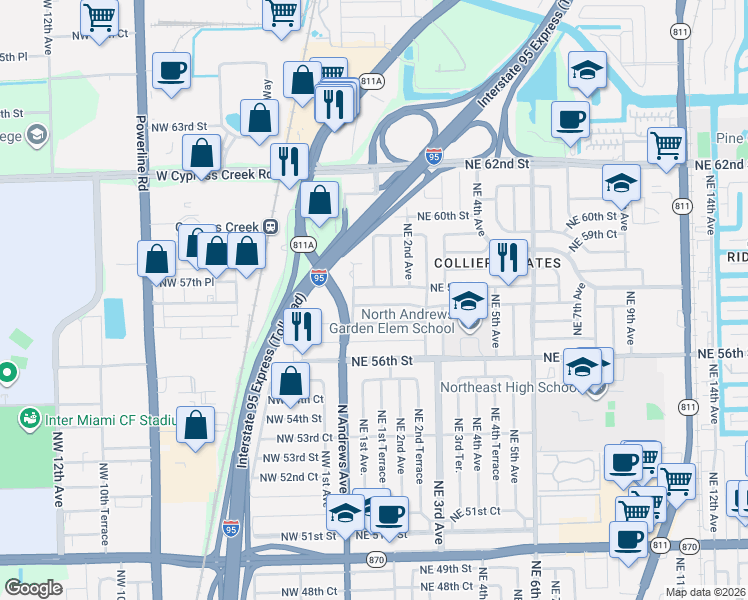 map of restaurants, bars, coffee shops, grocery stores, and more near 5760 North Andrews Avenue in Oakland Park