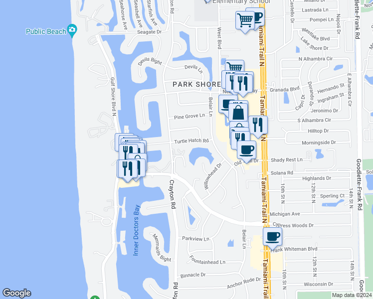 map of restaurants, bars, coffee shops, grocery stores, and more near 514 Turtle Hatch Road in Naples