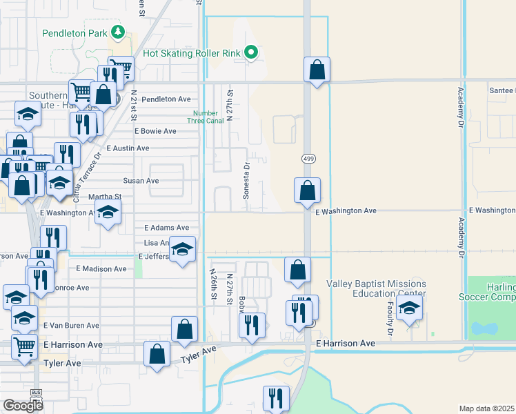 map of restaurants, bars, coffee shops, grocery stores, and more near 718 Sonesta Drive in Harlingen