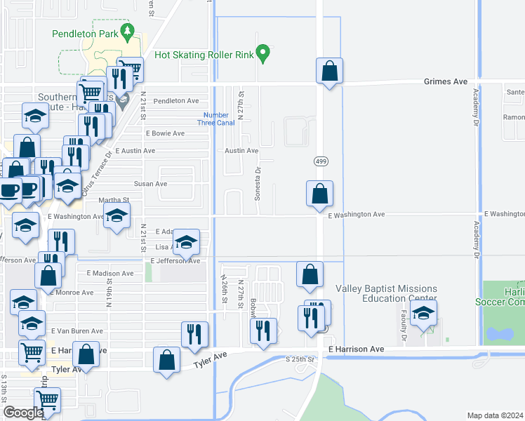 map of restaurants, bars, coffee shops, grocery stores, and more near 718 Sonesta Drive in Harlingen