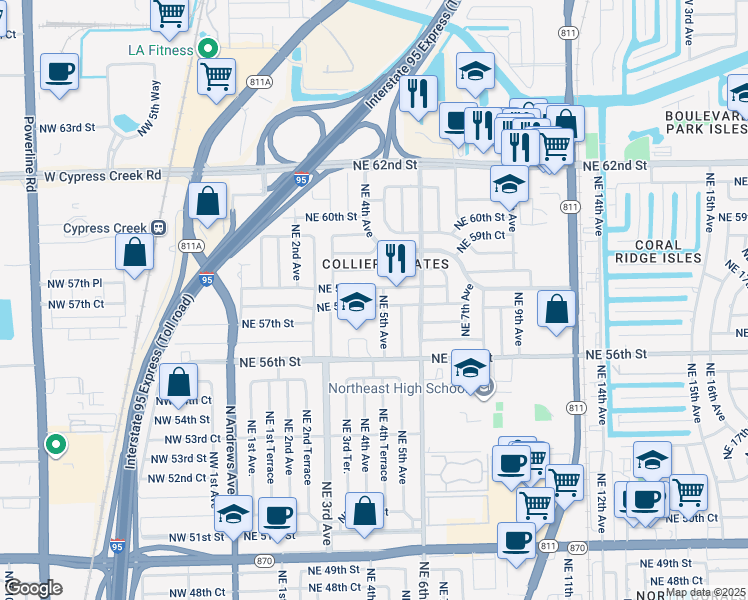 map of restaurants, bars, coffee shops, grocery stores, and more near 451 Northeast 58th Street in Fort Lauderdale