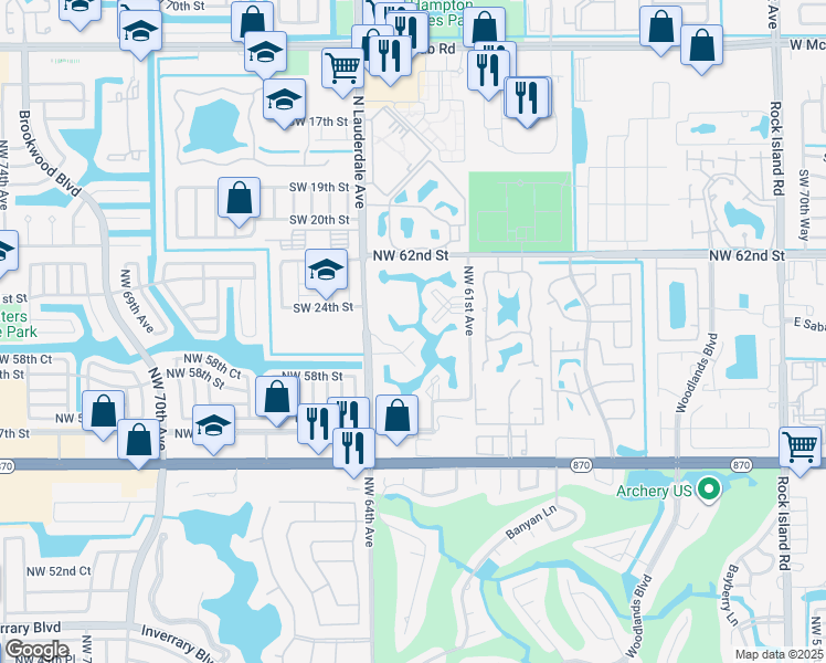 map of restaurants, bars, coffee shops, grocery stores, and more near 5940 Northwest 64th Avenue in Tamarac