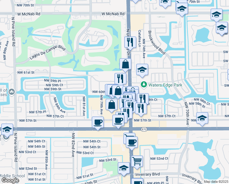 map of restaurants, bars, coffee shops, grocery stores, and more near 6017 Northwest 77th Avenue in Tamarac
