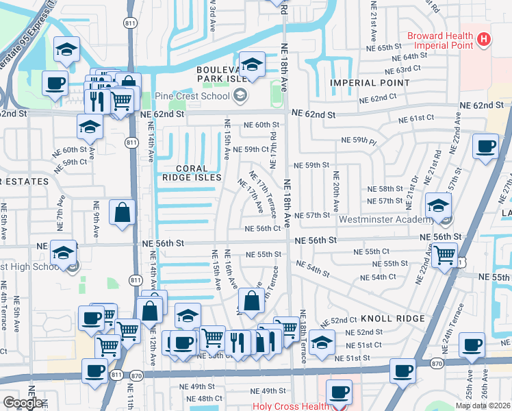 map of restaurants, bars, coffee shops, grocery stores, and more near 5713 Northeast 17th Avenue in Fort Lauderdale