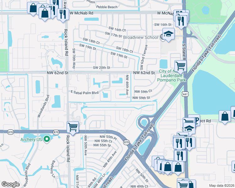 map of restaurants, bars, coffee shops, grocery stores, and more near 5900 Northwest 46th Terrace in Tamarac