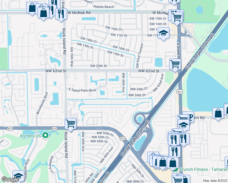 map of restaurants, bars, coffee shops, grocery stores, and more near 5900 Northwest 46th Terrace in Tamarac