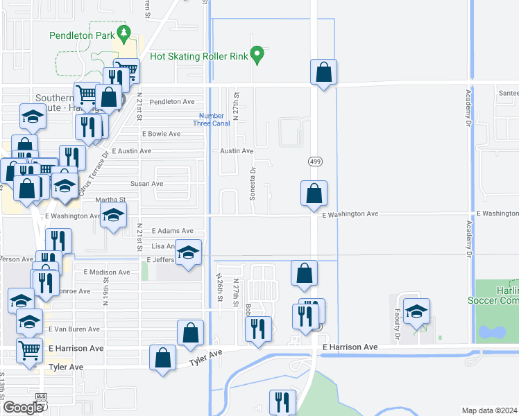 map of restaurants, bars, coffee shops, grocery stores, and more near 702 Sonesta Drive in Harlingen