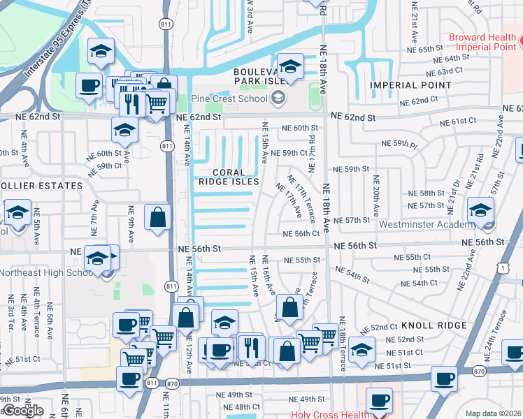 map of restaurants, bars, coffee shops, grocery stores, and more near 5728 Northeast 15th Avenue in Fort Lauderdale