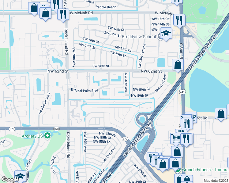 map of restaurants, bars, coffee shops, grocery stores, and more near 5881 Northwest 46th Avenue in Tamarac