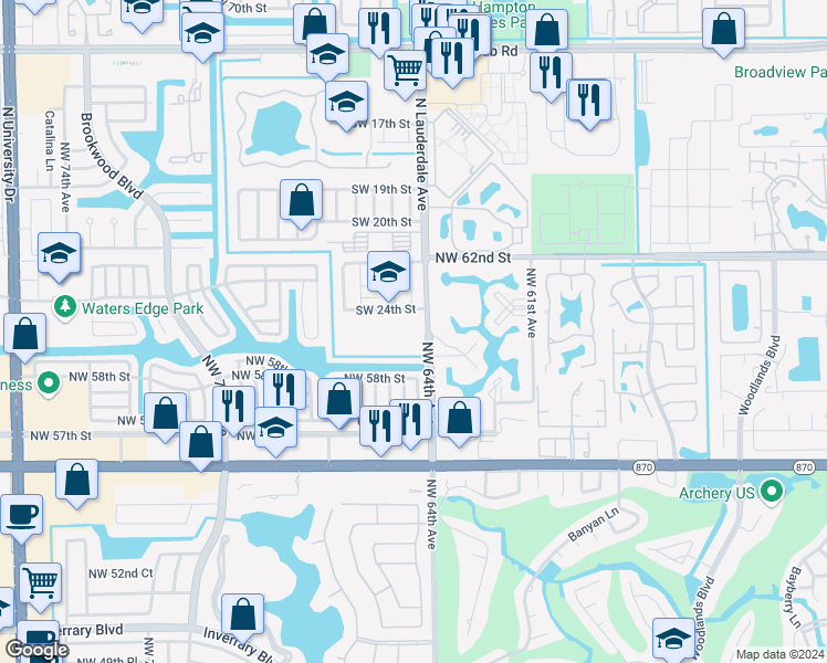 map of restaurants, bars, coffee shops, grocery stores, and more near 8100 Southwest 24th Street in North Lauderdale