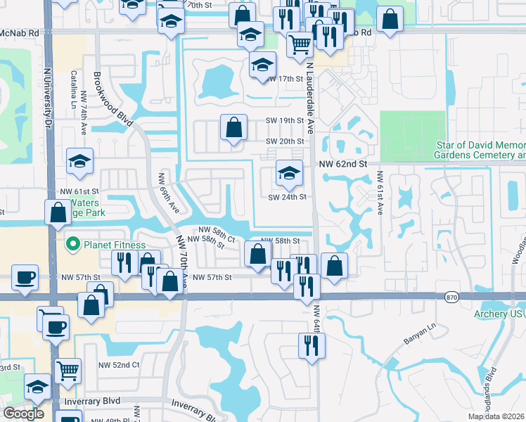 map of restaurants, bars, coffee shops, grocery stores, and more near 8280 Southwest 24th Street in North Lauderdale