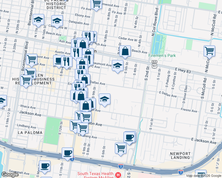 map of restaurants, bars, coffee shops, grocery stores, and more near 609 West Dallas Avenue in McAllen