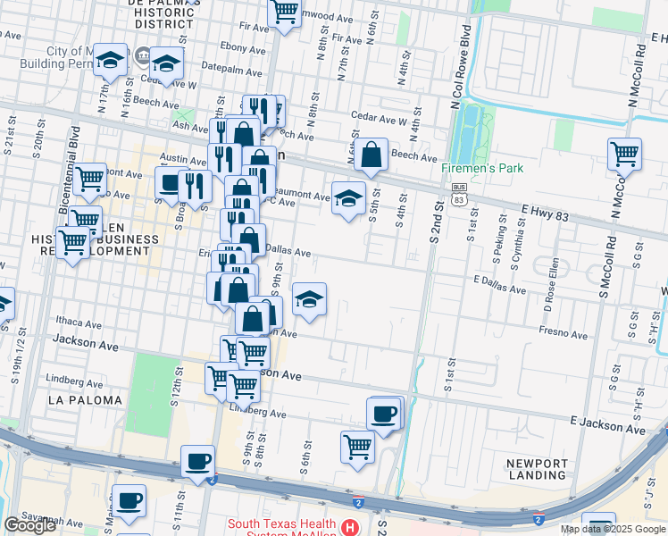 map of restaurants, bars, coffee shops, grocery stores, and more near 609 West Dallas Avenue in McAllen