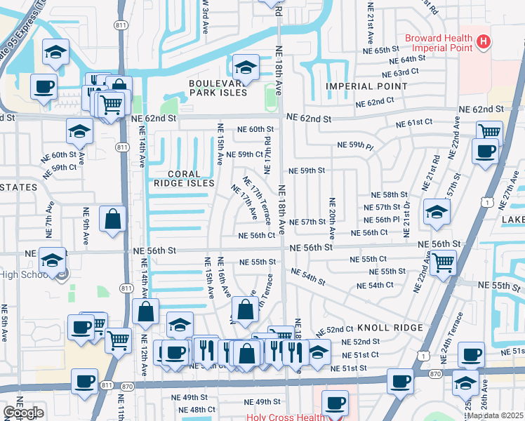 map of restaurants, bars, coffee shops, grocery stores, and more near 5724 Northeast 17th Terrace in Fort Lauderdale