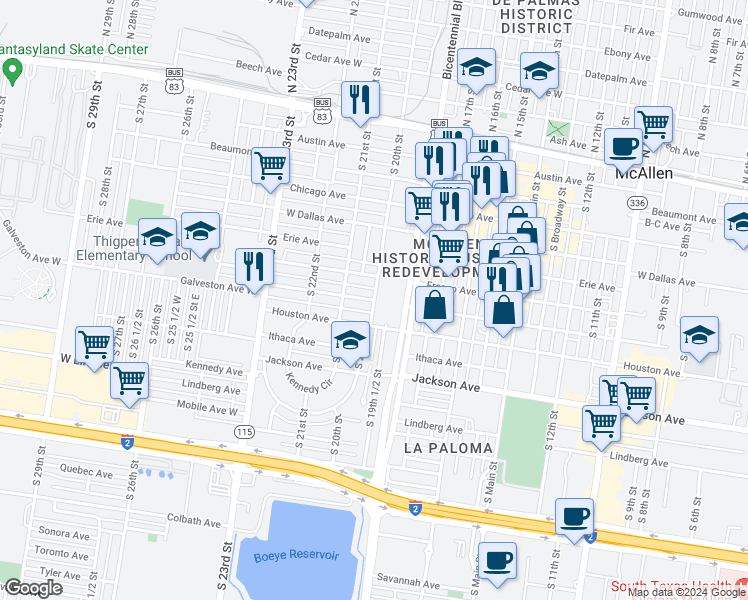 map of restaurants, bars, coffee shops, grocery stores, and more near 698 South 20th Street in McAllen