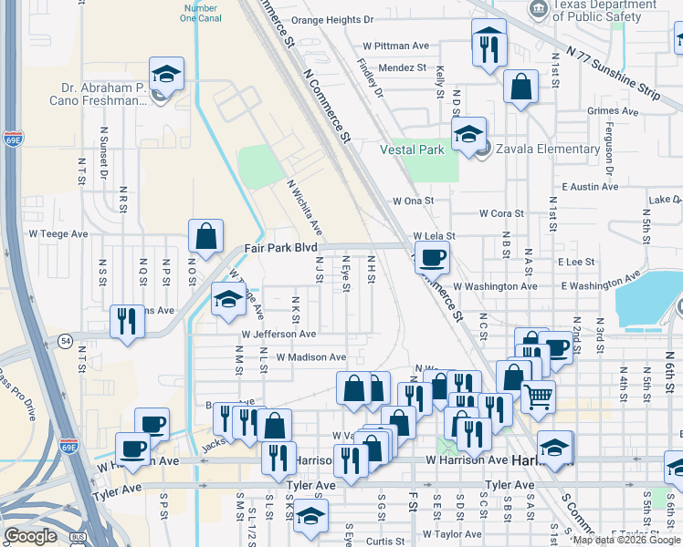 map of restaurants, bars, coffee shops, grocery stores, and more near 709 North Eye Street in Harlingen