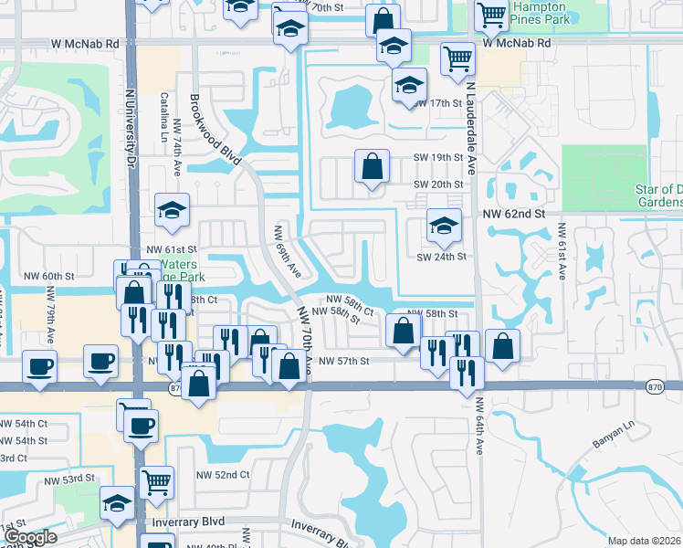 map of restaurants, bars, coffee shops, grocery stores, and more near 6717 Northwest 60th Street in Tamarac