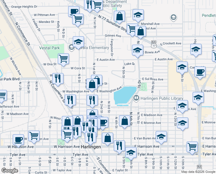 map of restaurants, bars, coffee shops, grocery stores, and more near 218-298 East Lee Street in Harlingen