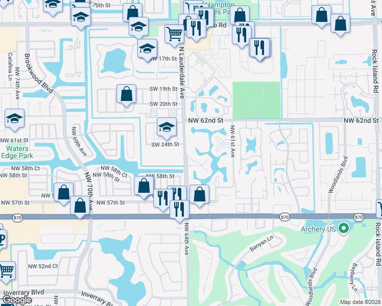 map of restaurants, bars, coffee shops, grocery stores, and more near 6020 Northwest 64th Avenue in Tamarac