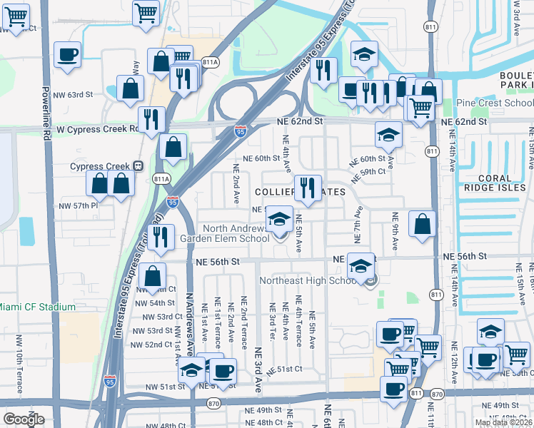 map of restaurants, bars, coffee shops, grocery stores, and more near 331 Northeast 58th Street in Fort Lauderdale
