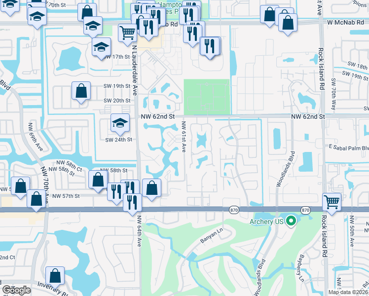map of restaurants, bars, coffee shops, grocery stores, and more near 6189 Pine Tree Lane in Tamarac