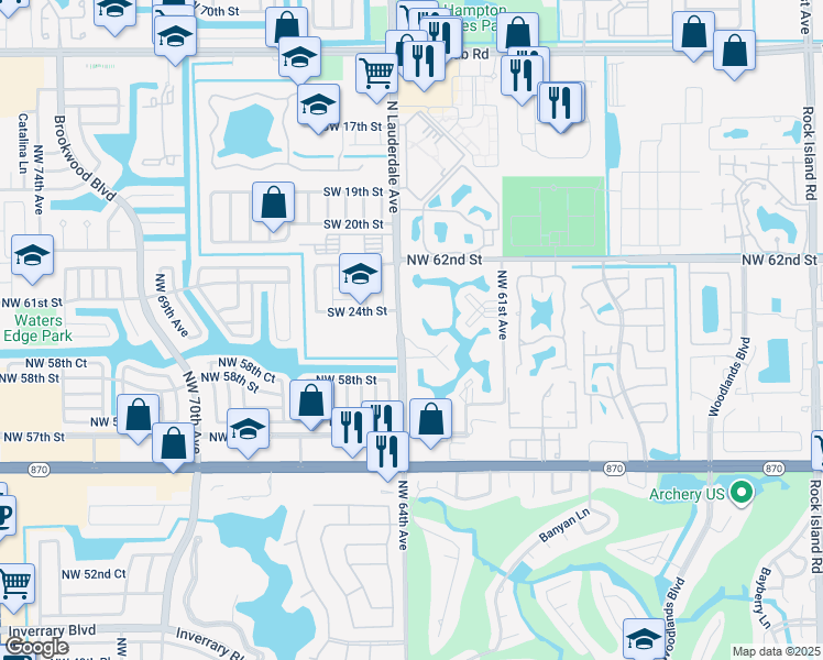 map of restaurants, bars, coffee shops, grocery stores, and more near 6020 Northwest 64th Avenue in Tamarac