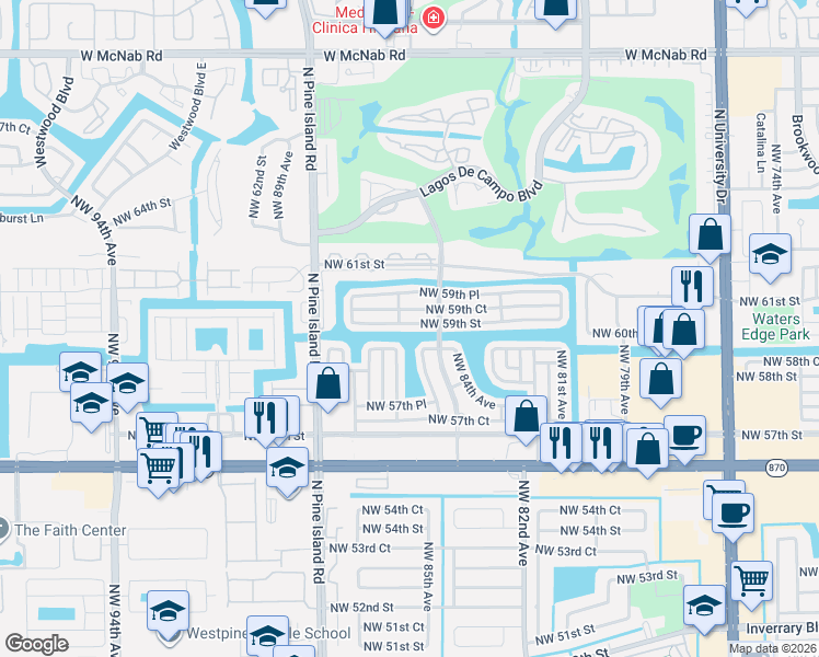 map of restaurants, bars, coffee shops, grocery stores, and more near 8506 Northwest 59th Court in Tamarac