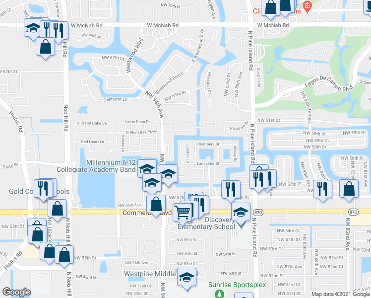 map of restaurants, bars, coffee shops, grocery stores, and more near 5965 London Lane in Tamarac