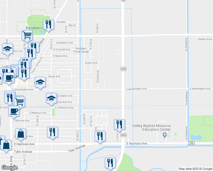 map of restaurants, bars, coffee shops, grocery stores, and more near 714 Sonesta Court in Harlingen