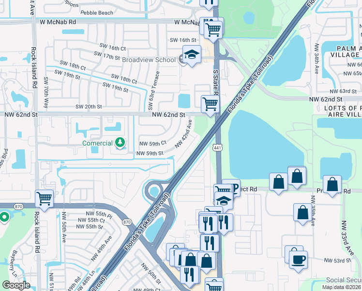 map of restaurants, bars, coffee shops, grocery stores, and more near 5950 Northwest 42nd Avenue in Fort Lauderdale