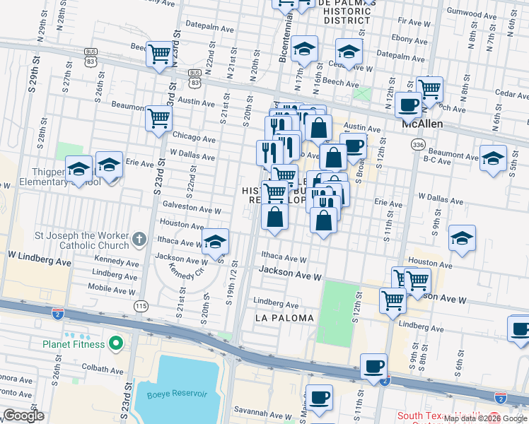 map of restaurants, bars, coffee shops, grocery stores, and more near 615 South Bicentennial Boulevard in McAllen