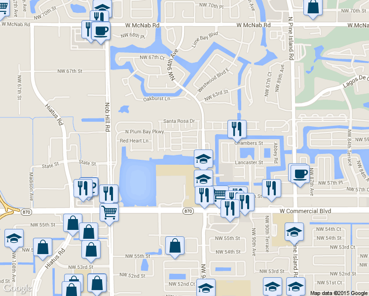 map of restaurants, bars, coffee shops, grocery stores, and more near 9515 South Vermosa Lane in Tamarac