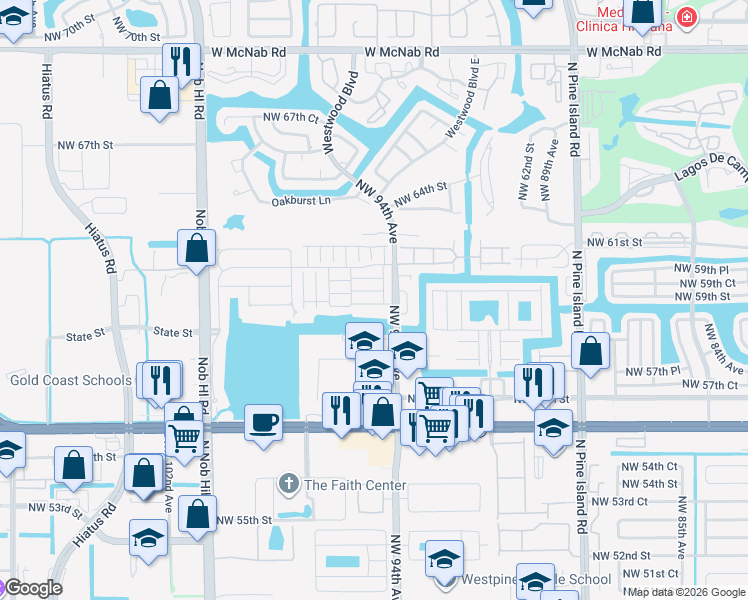 map of restaurants, bars, coffee shops, grocery stores, and more near 9481 Bradshaw Lane in Tamarac