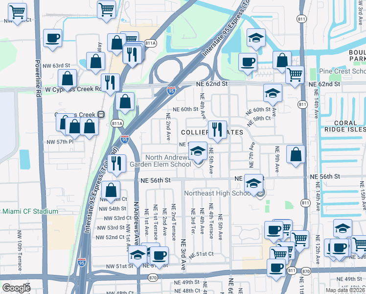 map of restaurants, bars, coffee shops, grocery stores, and more near 260 Northeast 58th Street in Oakland Park