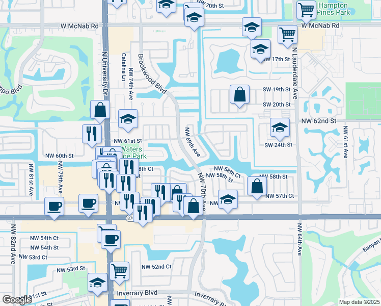 map of restaurants, bars, coffee shops, grocery stores, and more near 5904 Northwest 70th Avenue in Tamarac